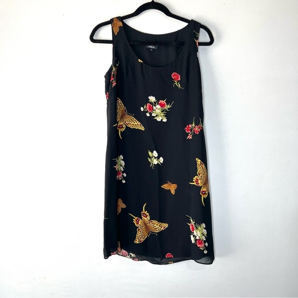 Mica Vintage 90s Moth & Floral Black Midi Dress Lined Waist Tie Gold Red S/M 4 - Picture 1 of 6